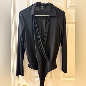 Lulu's Elegant Black Draped Bodysuit